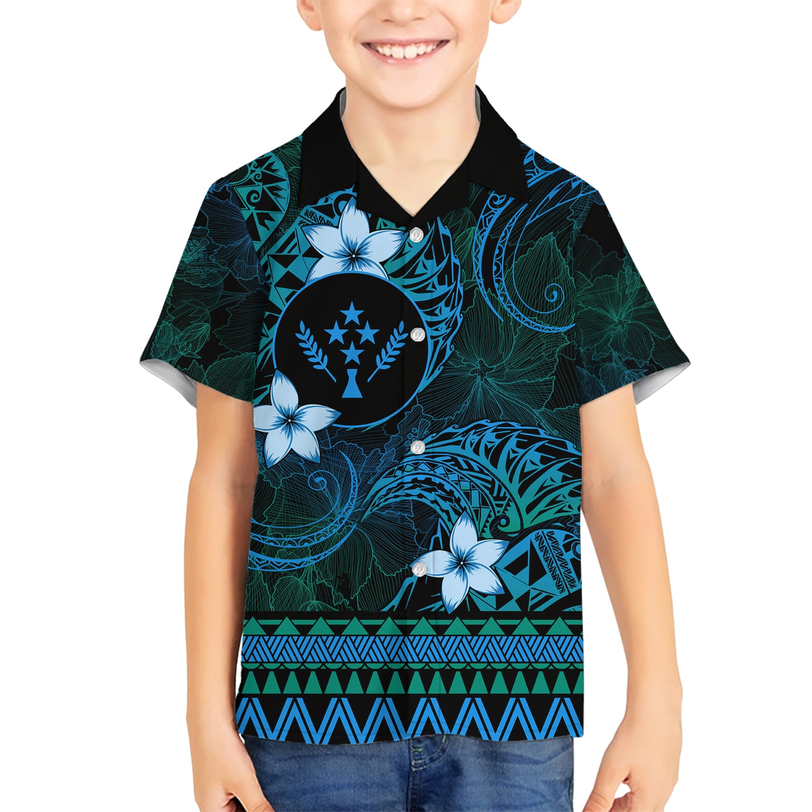 FSM Kosrae State Kid Hawaiian Shirt Tribal Pattern Ocean Version LT01 Kid Blue - Polynesian Pride