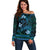 FSM Kosrae State Off Shoulder Sweater Tribal Pattern Ocean Version LT01 Women Blue - Polynesian Pride