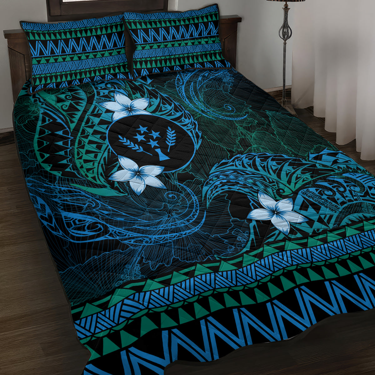 FSM Kosrae State Quilt Bed Set Tribal Pattern Ocean Version