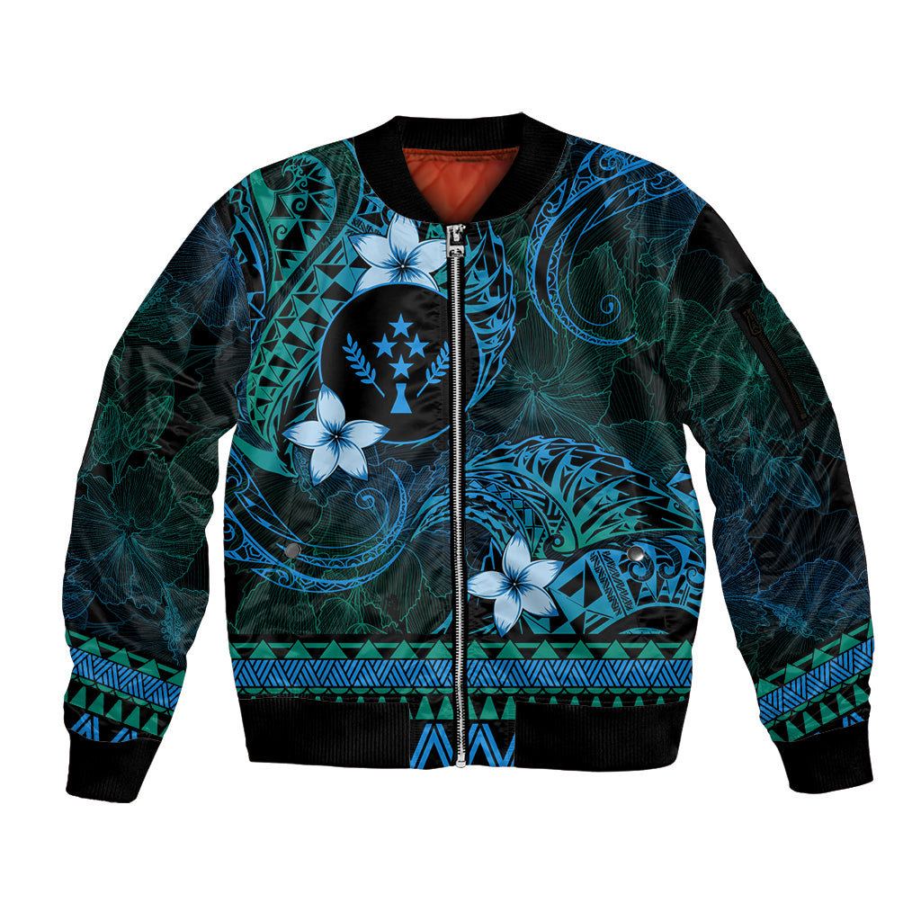 FSM Kosrae State Sleeve Zip Bomber Jacket Tribal Pattern Ocean Version LT01 Unisex Blue - Polynesian Pride