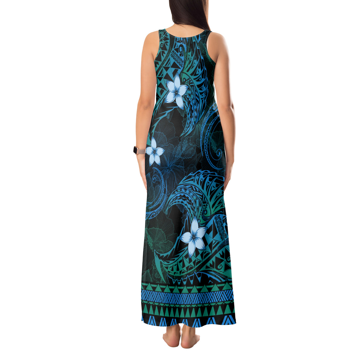 FSM Kosrae State Tank Maxi Dress Tribal Pattern Ocean Version LT01 - Polynesian Pride