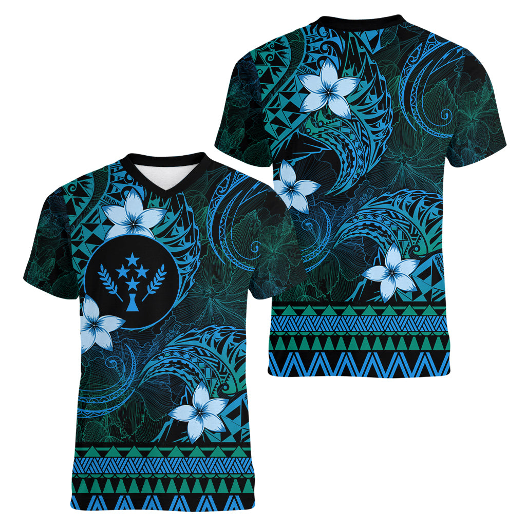 FSM Kosrae State Women V Neck T Shirt Tribal Pattern Ocean Version LT01 - Polynesian Pride