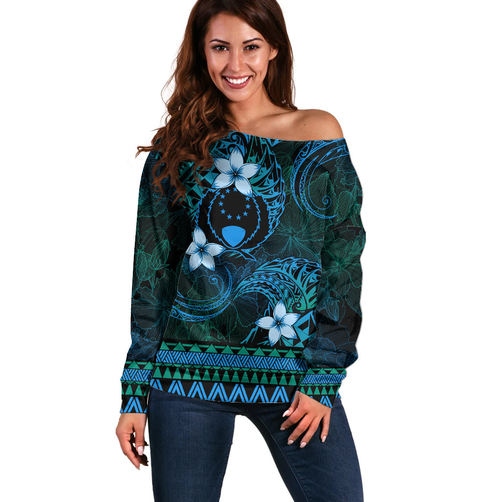 FSM Pohnpei State Off Shoulder Sweater Tribal Pattern Ocean Version LT01 Women Blue - Polynesian Pride