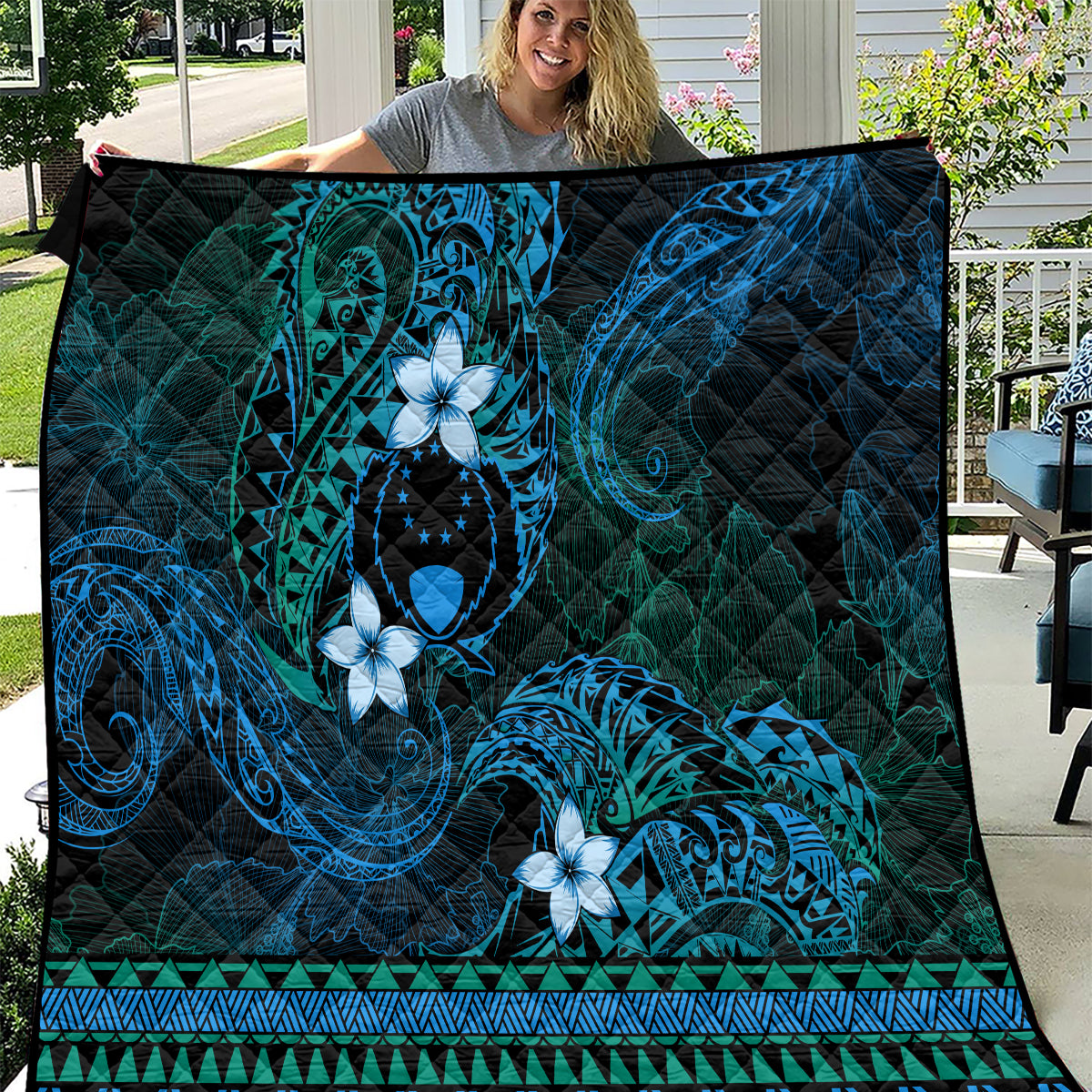 FSM Pohnpei State Quilt Tribal Pattern Ocean Version