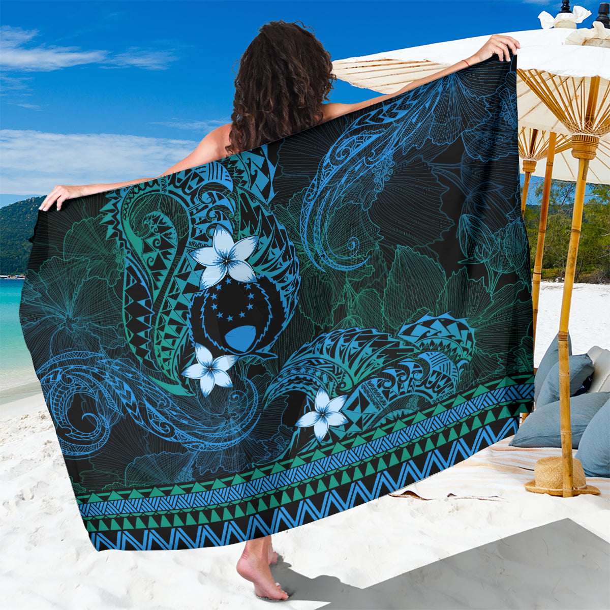 FSM Pohnpei State Sarong Tribal Pattern Ocean Version