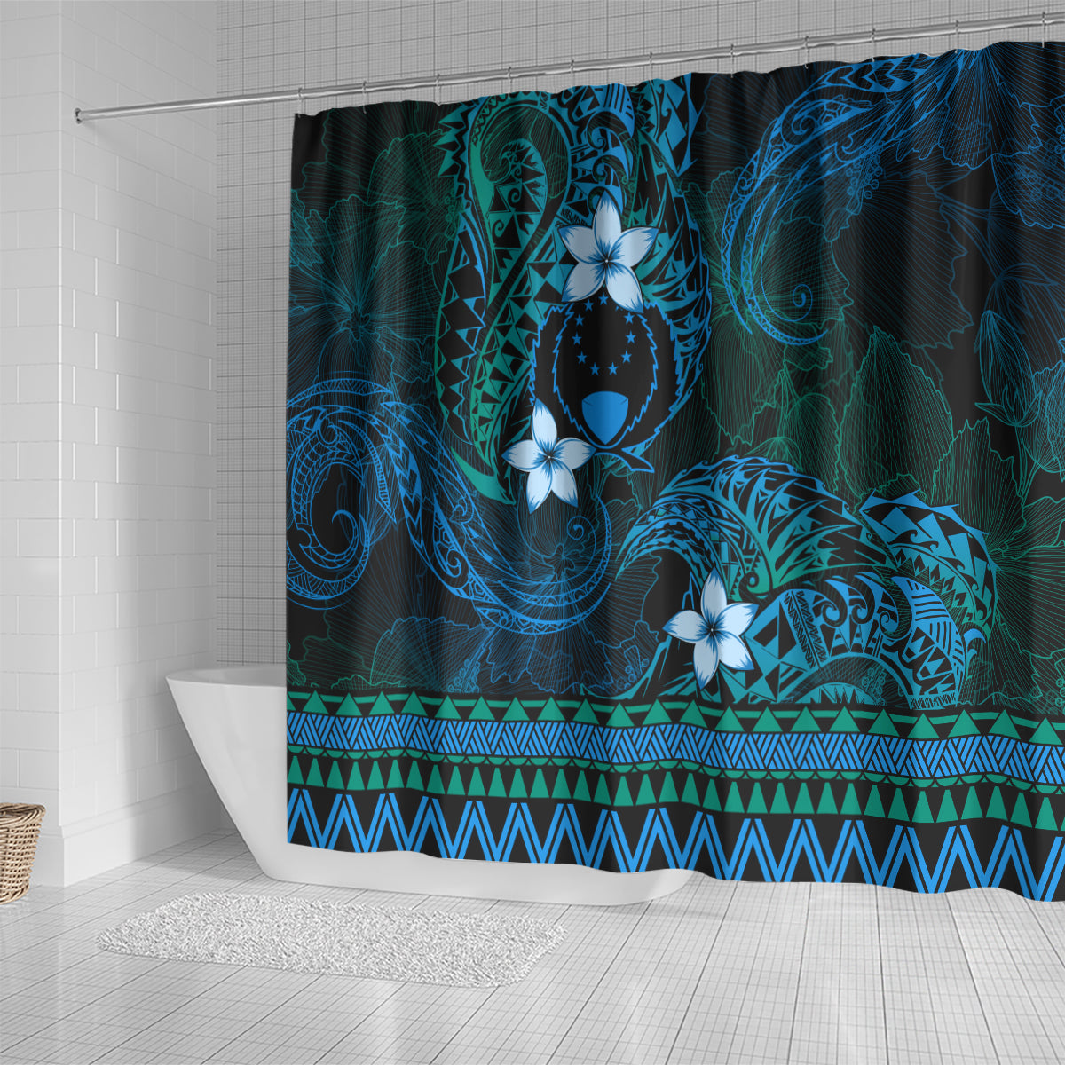 FSM Pohnpei State Shower Curtain Tribal Pattern Ocean Version