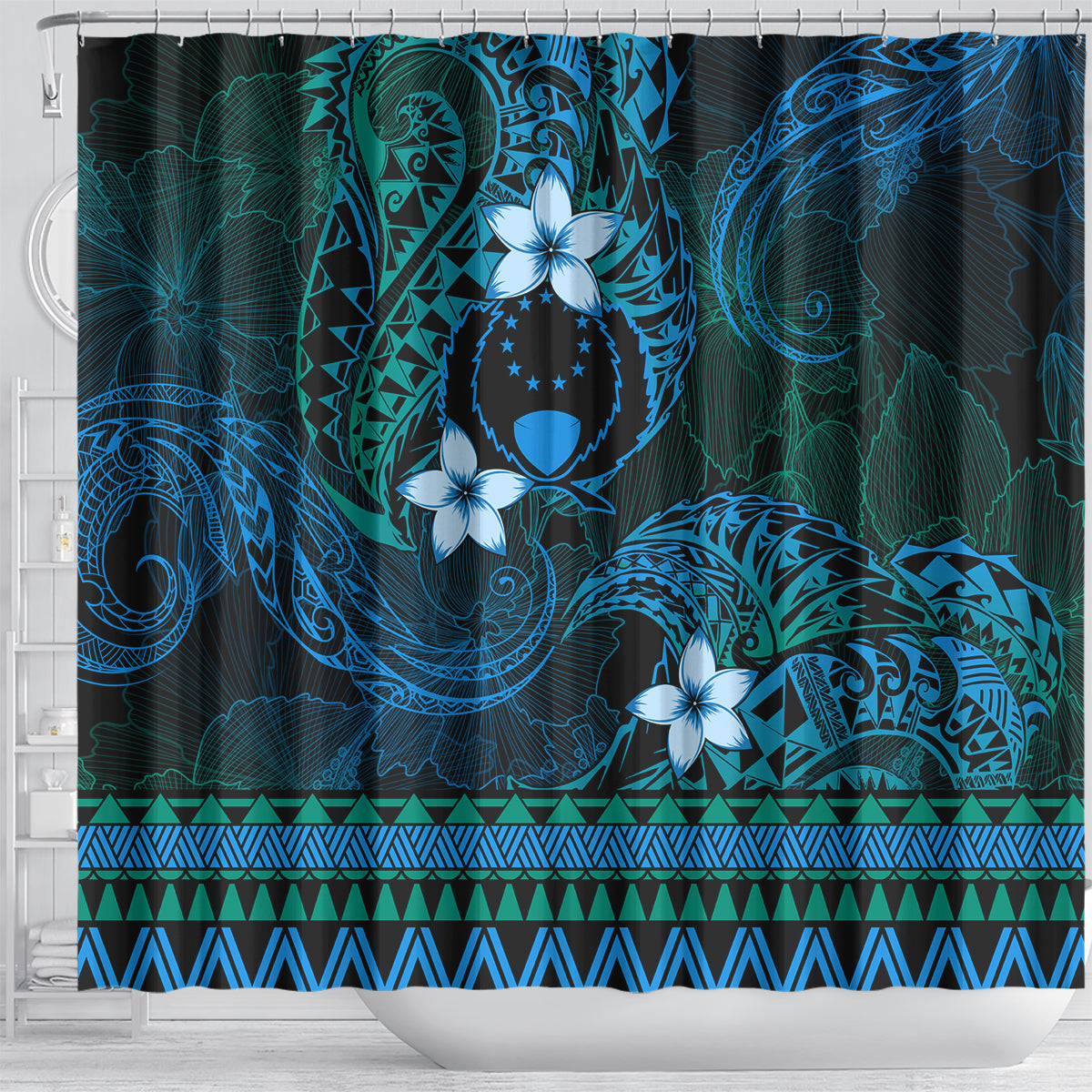 FSM Pohnpei State Shower Curtain Tribal Pattern Ocean Version
