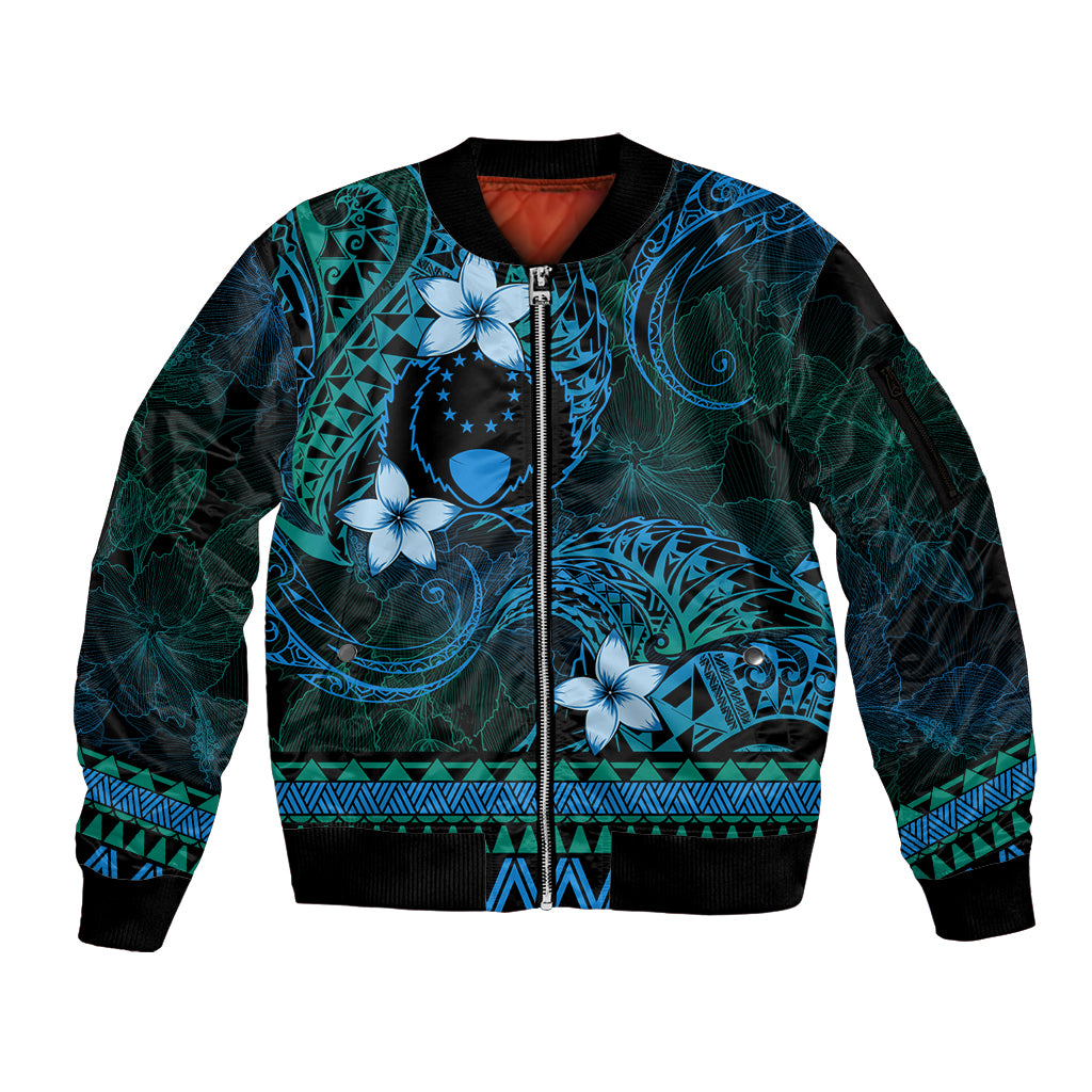 FSM Pohnpei State Sleeve Zip Bomber Jacket Tribal Pattern Ocean Version LT01 Unisex Blue - Polynesian Pride