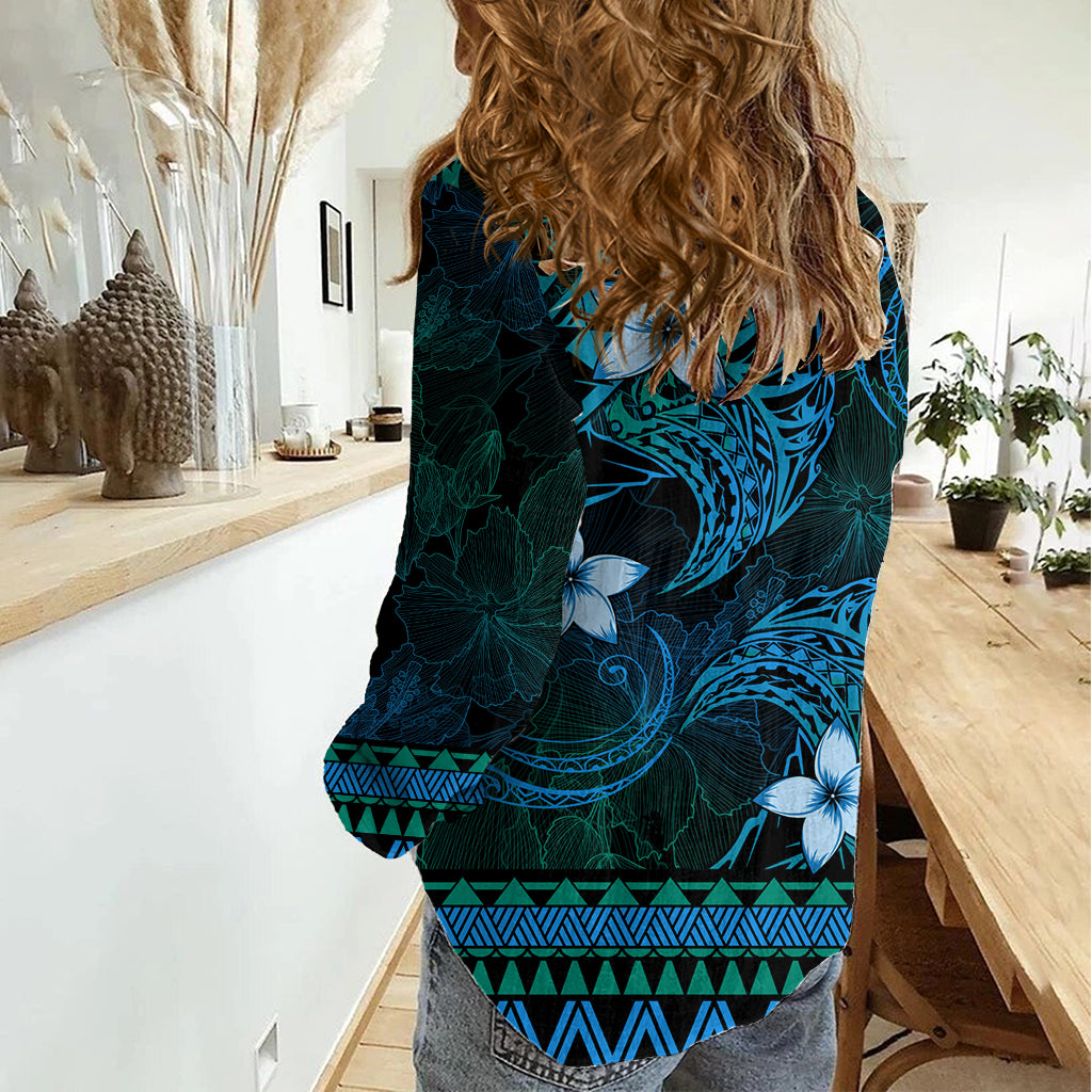 FSM Pohnpei State Women Casual Shirt Tribal Pattern Ocean Version LT01 - Polynesian Pride