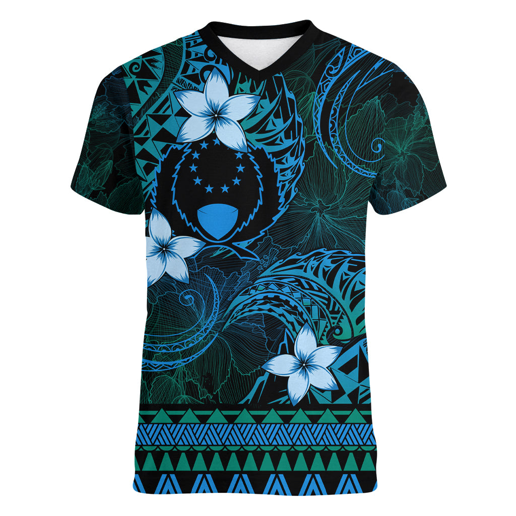 FSM Pohnpei State Women V Neck T Shirt Tribal Pattern Ocean Version LT01 Female Blue - Polynesian Pride