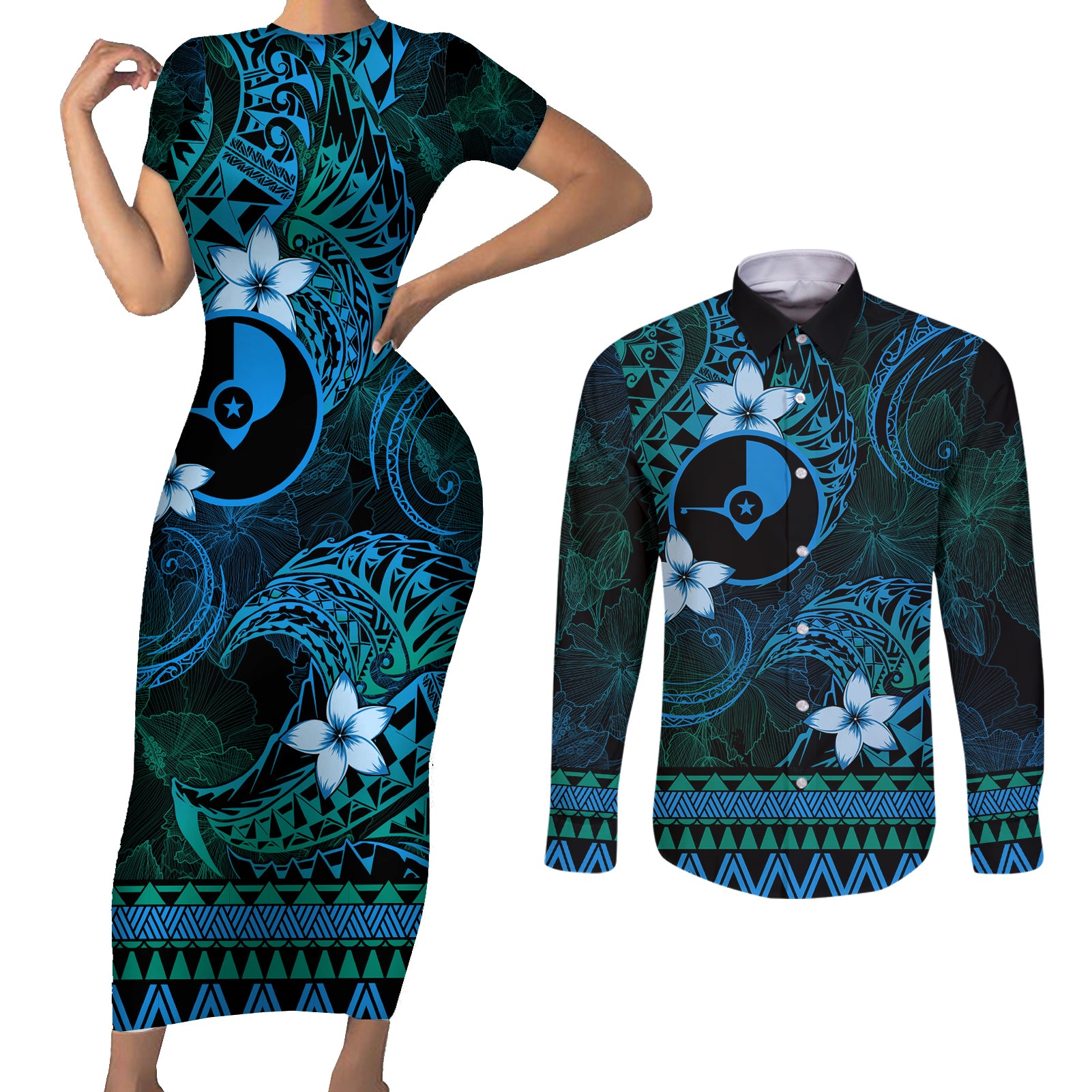 FSM Yap State Couples Matching Short Sleeve Bodycon Dress and Long Sleeve Button Shirt Tribal Pattern Ocean Version LT01 Blue - Polynesian Pride