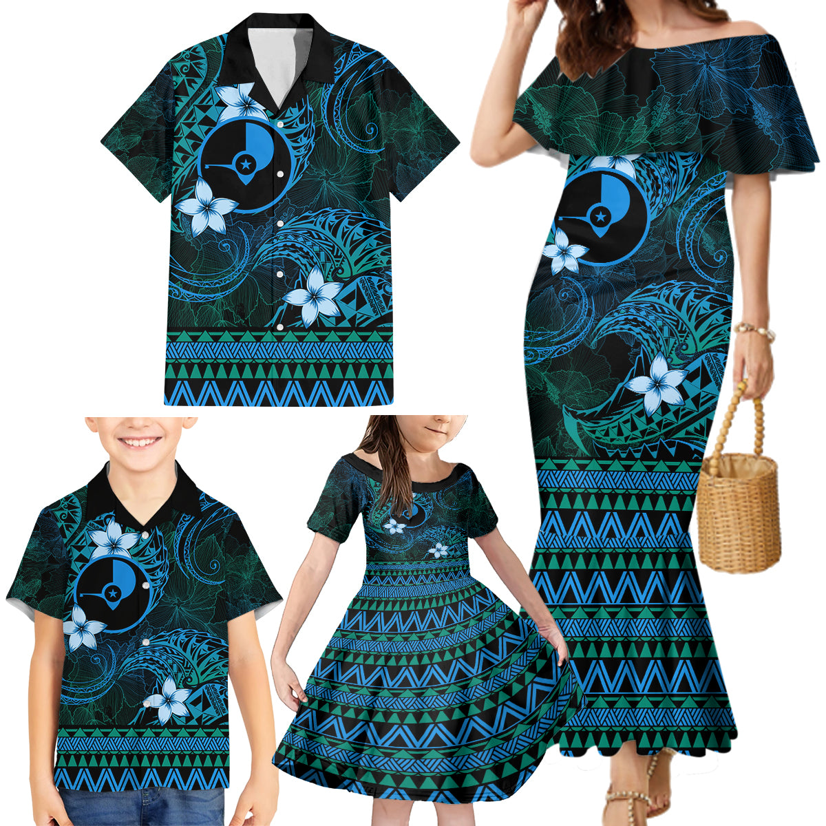 FSM Yap State Family Matching Mermaid Dress and Hawaiian Shirt Tribal Pattern Ocean Version LT01 - Polynesian Pride