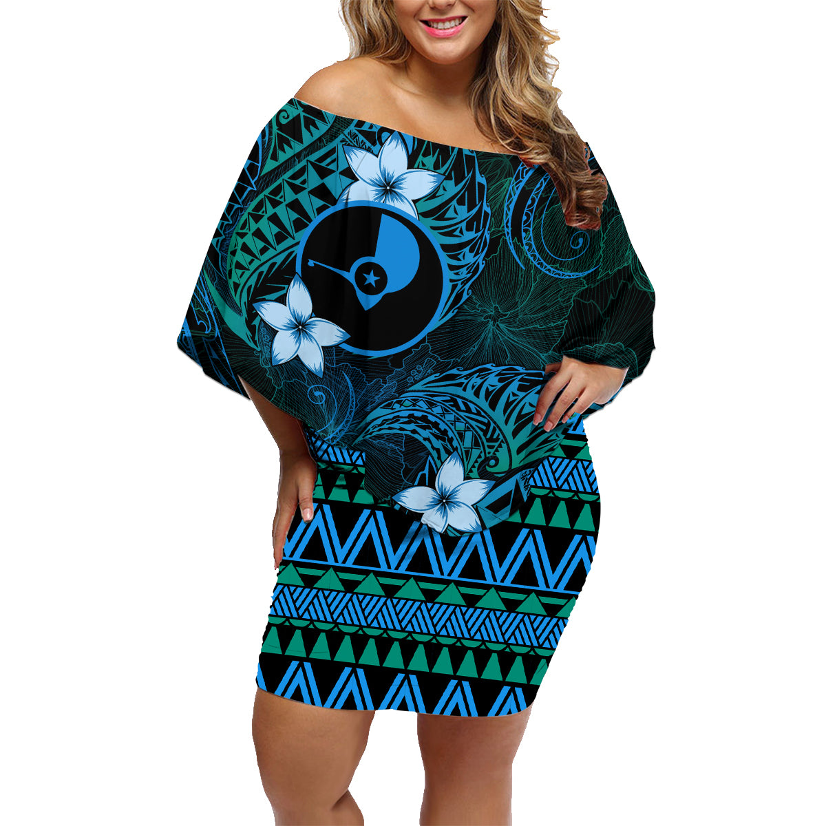 FSM Yap State Family Matching Off Shoulder Short Dress and Hawaiian Shirt Tribal Pattern Ocean Version LT01 Mom's Dress Blue - Polynesian Pride