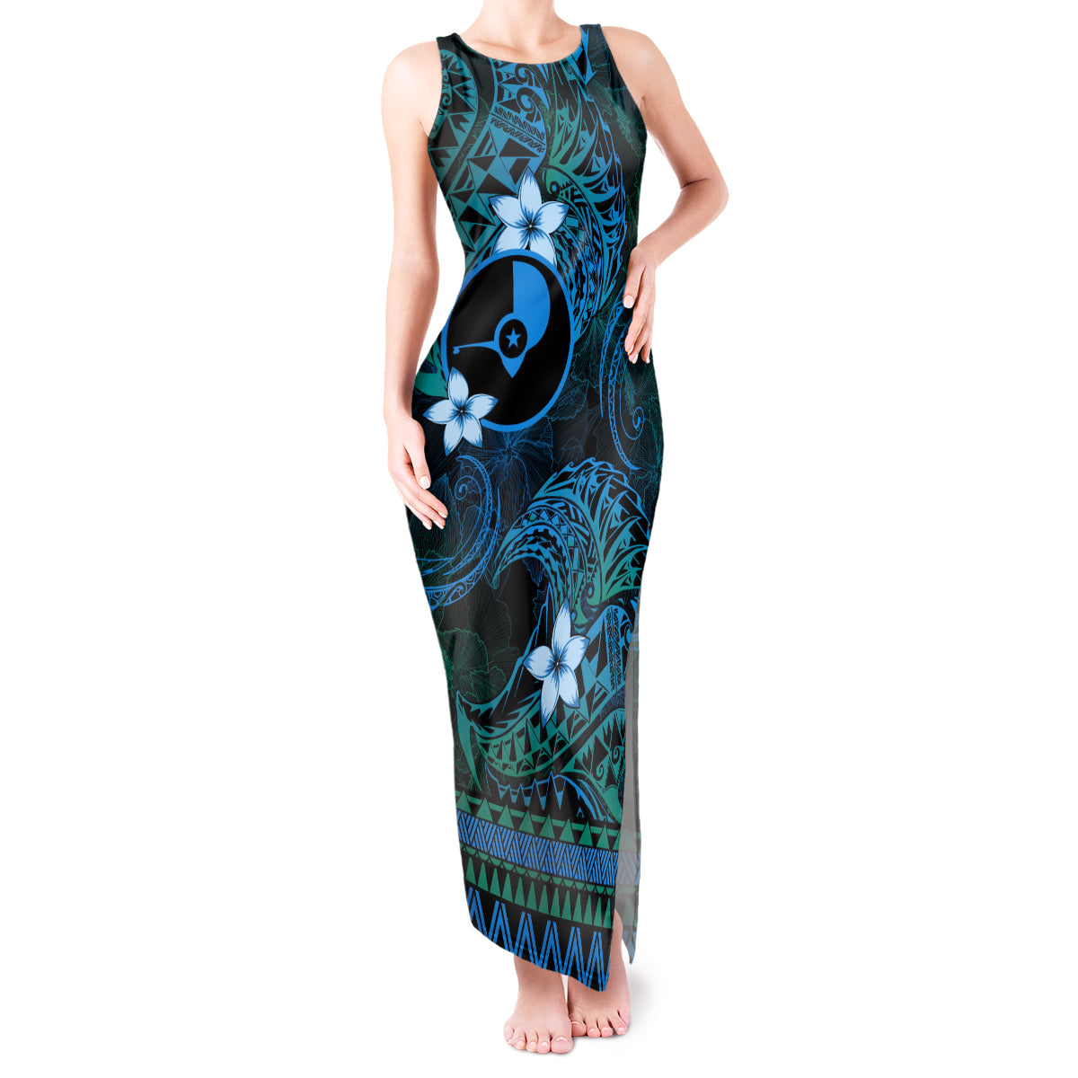 FSM Yap State Tank Maxi Dress Tribal Pattern Ocean Version LT01 Women Blue - Polynesian Pride