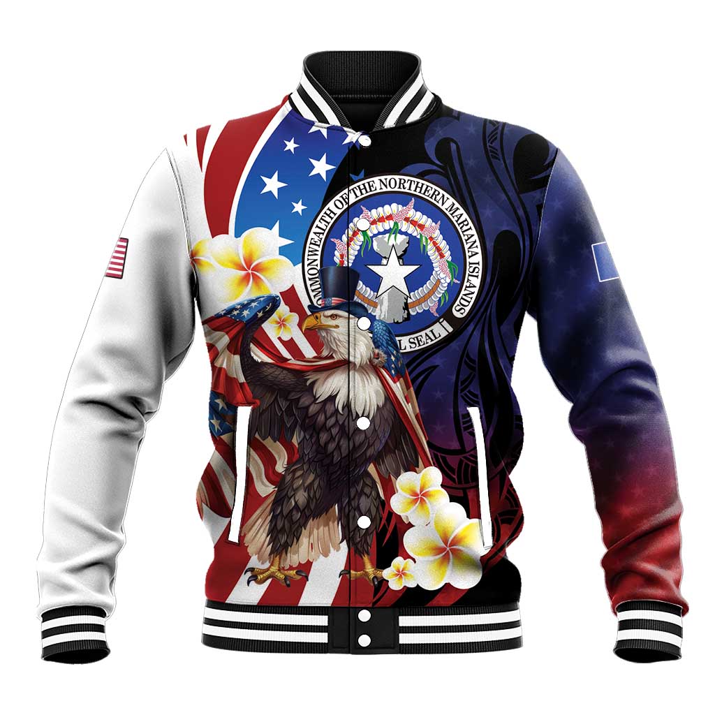 Personalized Northern Mariana Islands 4th of July Baseball Jacket Plumeria USA Eagle