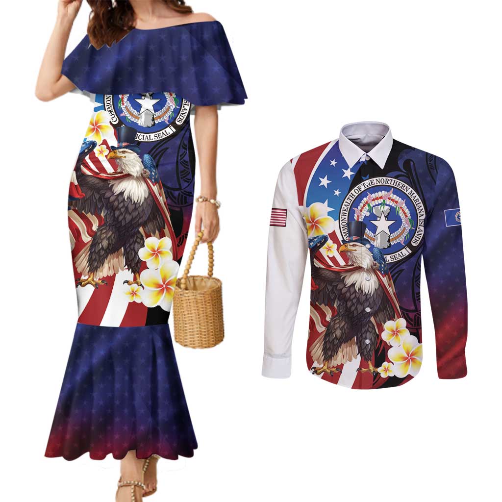 Personalized Northern Mariana Islands 4th of July Couples Matching Mermaid Dress and Long Sleeve Button Shirt Plumeria USA Eagle