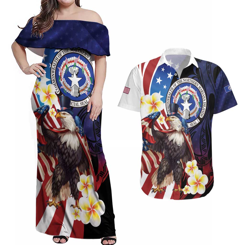 Personalized Northern Mariana Islands 4th of July Couples Matching Off Shoulder Maxi Dress and Hawaiian Shirt Plumeria USA Eagle