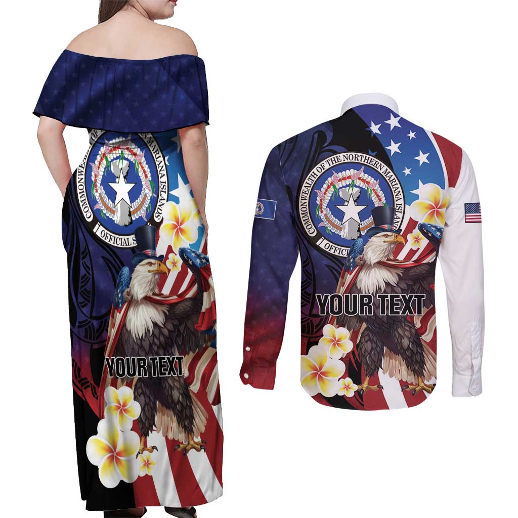 Personalized Northern Mariana Islands 4th of July Couples Matching Off Shoulder Maxi Dress and Long Sleeve Button Shirt Plumeria USA Eagle