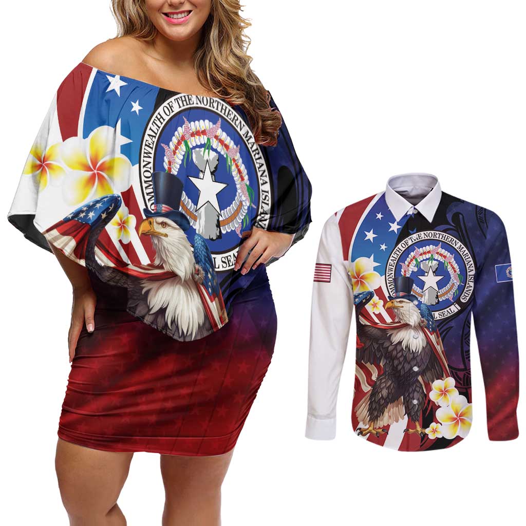 Personalized Northern Mariana Islands 4th of July Couples Matching Off Shoulder Short Dress and Long Sleeve Button Shirt Plumeria USA Eagle