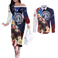Personalized Northern Mariana Islands 4th of July Couples Matching Off The Shoulder Long Sleeve Dress and Long Sleeve Button Shirt Plumeria USA Eagle