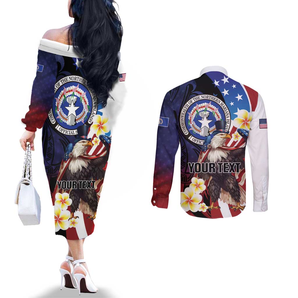 Personalized Northern Mariana Islands 4th of July Couples Matching Off The Shoulder Long Sleeve Dress and Long Sleeve Button Shirt Plumeria USA Eagle