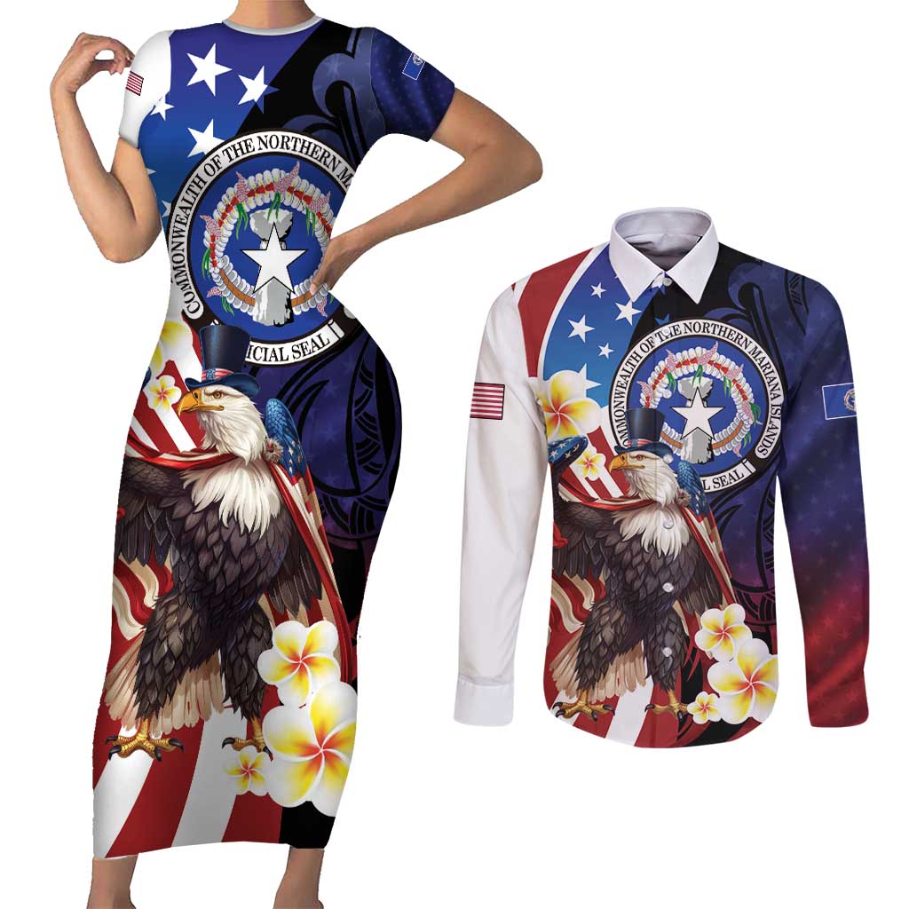Personalized Northern Mariana Islands 4th of July Couples Matching Short Sleeve Bodycon Dress and Long Sleeve Button Shirt Plumeria USA Eagle