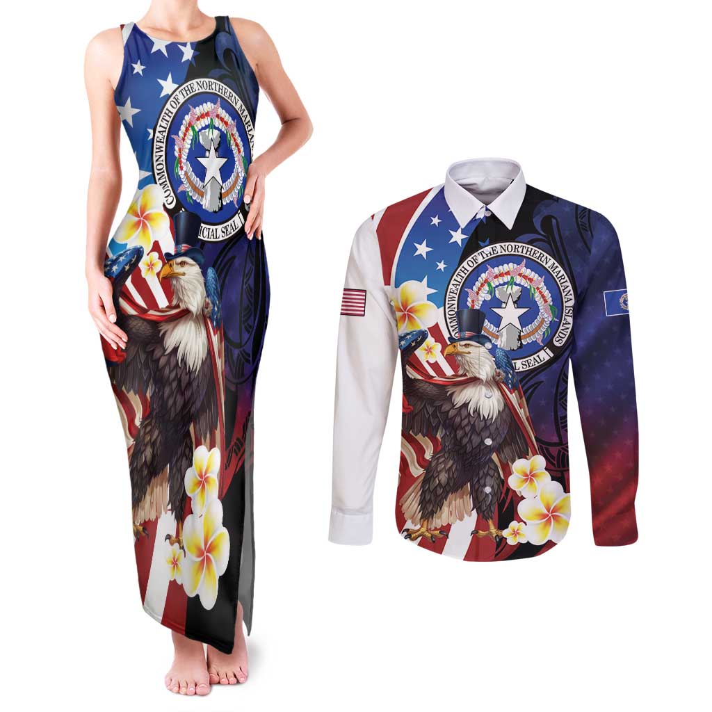 Personalized Northern Mariana Islands 4th of July Couples Matching Tank Maxi Dress and Long Sleeve Button Shirt Plumeria USA Eagle