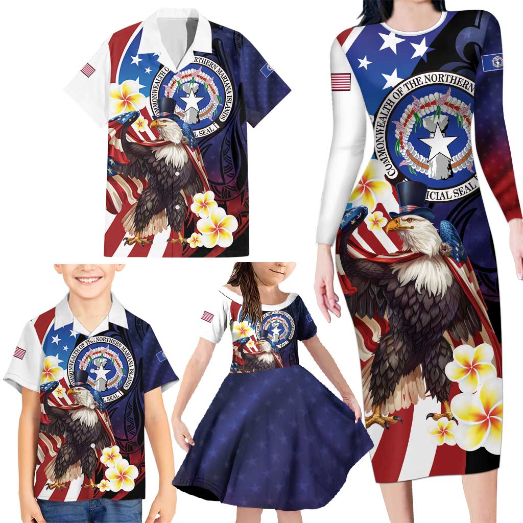 Personalized Northern Mariana Islands 4th of July Family Matching Long Sleeve Bodycon Dress and Hawaiian Shirt Plumeria USA Eagle