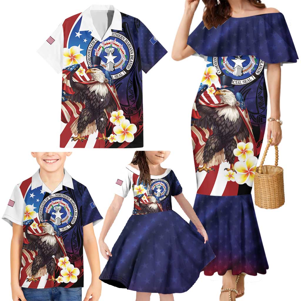 Personalized Northern Mariana Islands 4th of July Family Matching Mermaid Dress and Hawaiian Shirt Plumeria USA Eagle