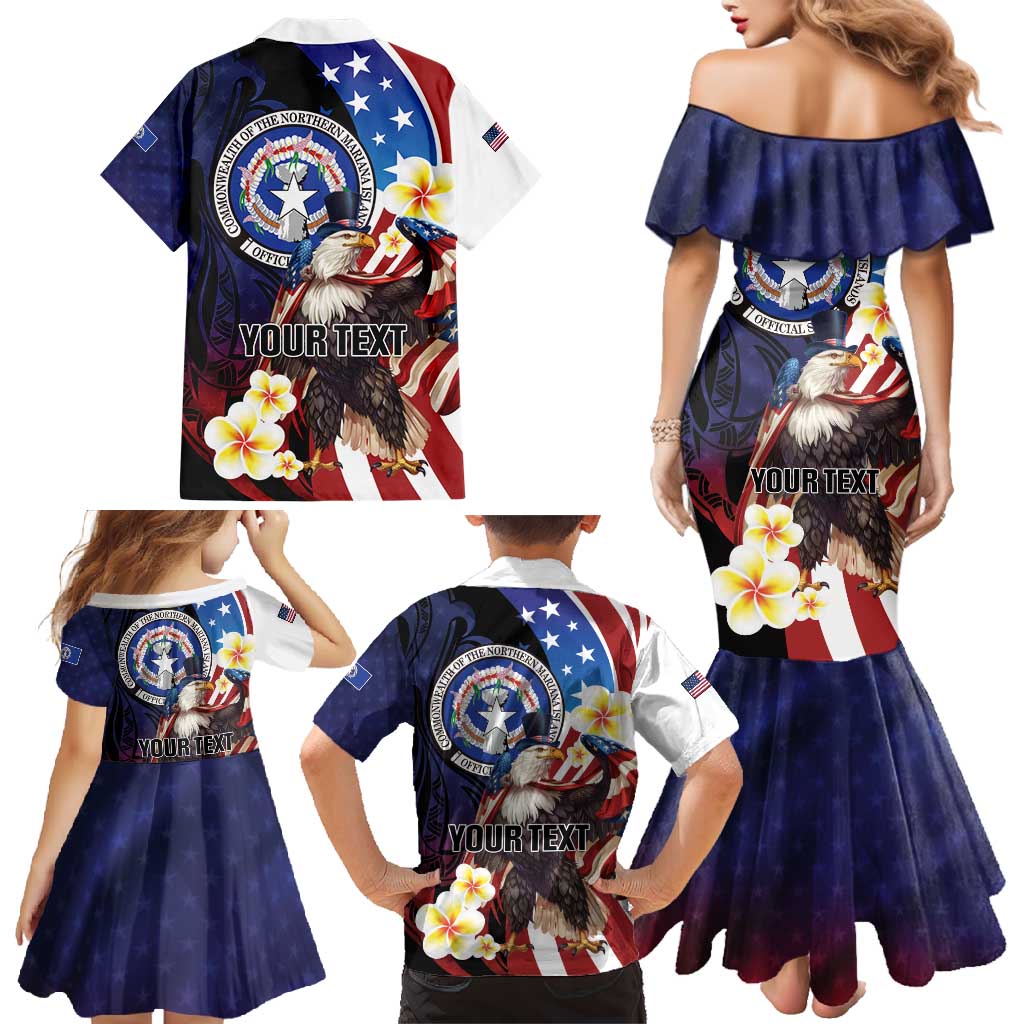 Personalized Northern Mariana Islands 4th of July Family Matching Mermaid Dress and Hawaiian Shirt Plumeria USA Eagle