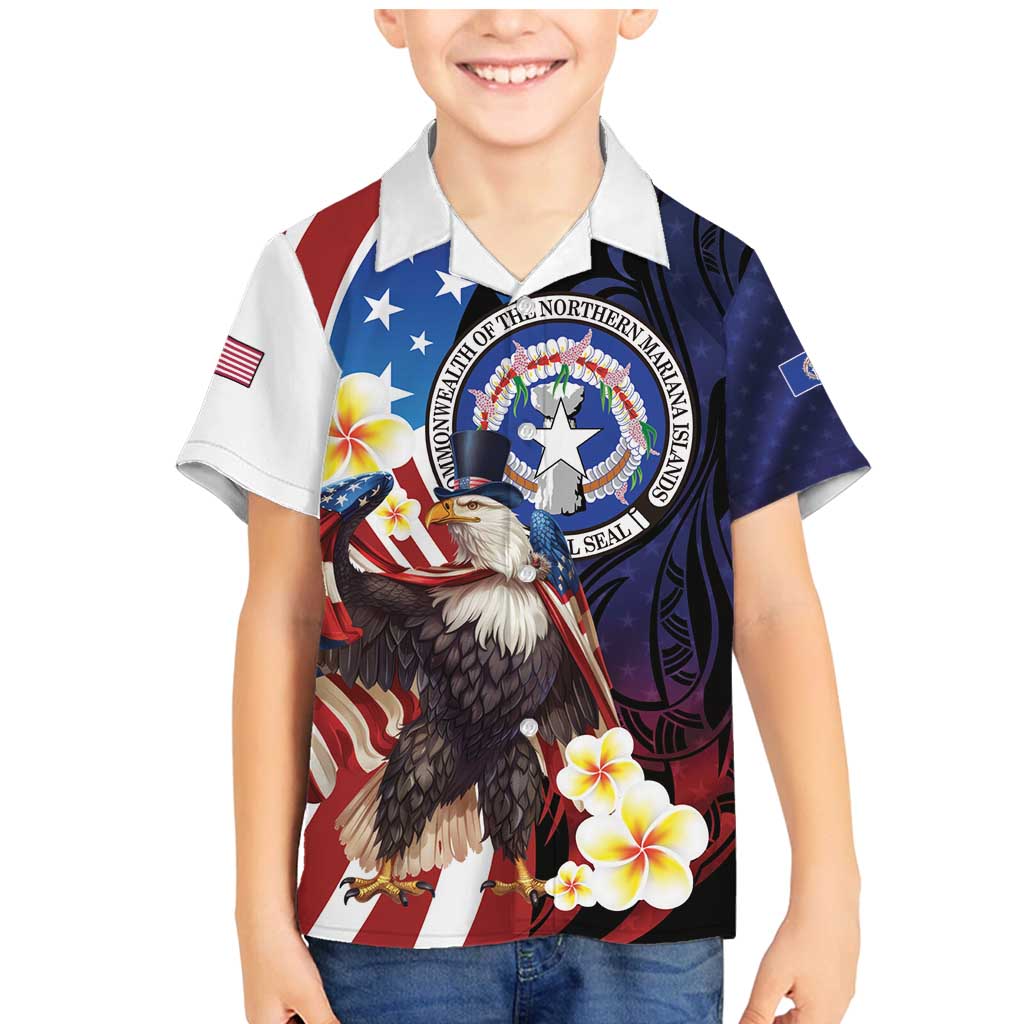 Personalized Northern Mariana Islands 4th of July Family Matching Mermaid Dress and Hawaiian Shirt Plumeria USA Eagle