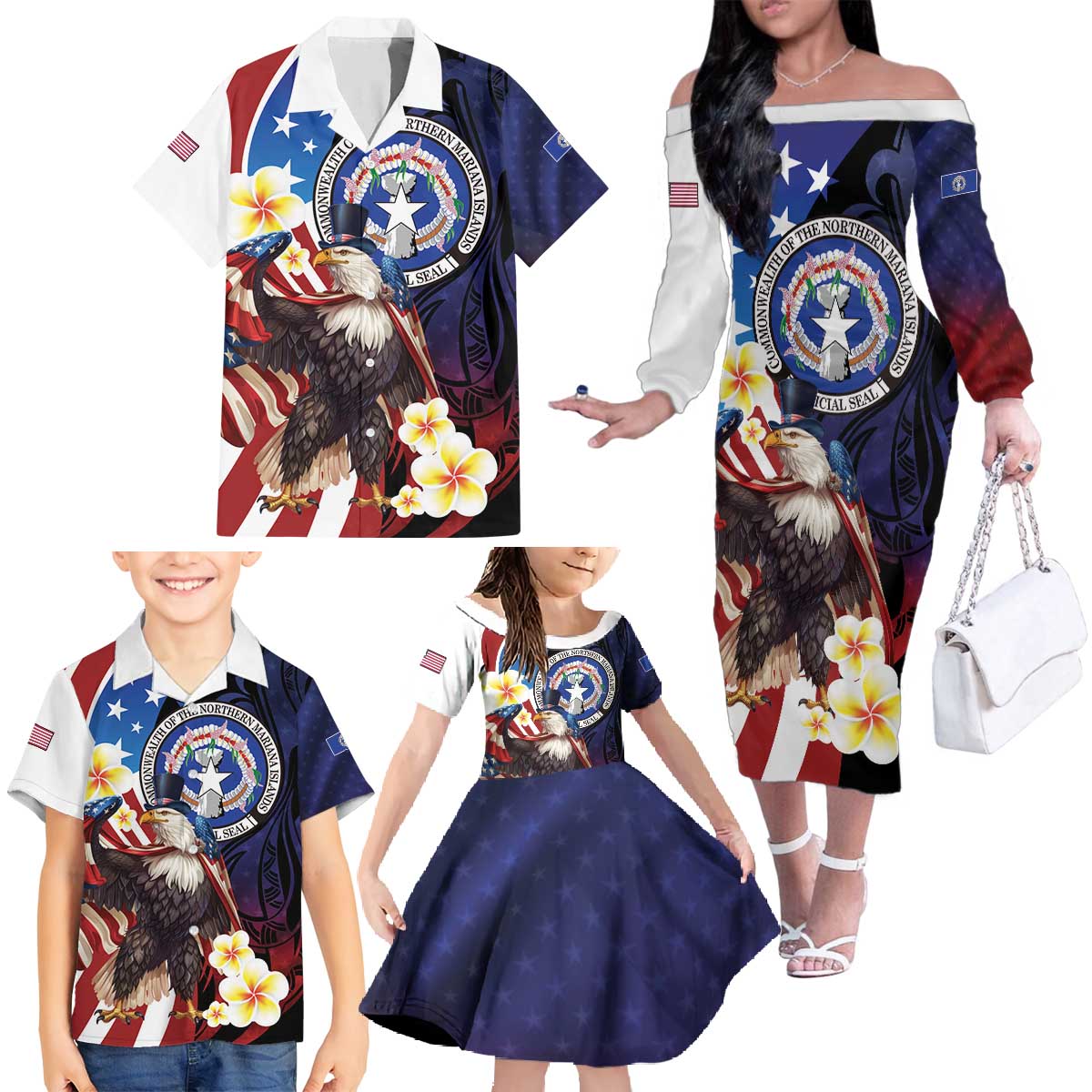 Personalized Northern Mariana Islands 4th of July Family Matching Off The Shoulder Long Sleeve Dress and Hawaiian Shirt Plumeria USA Eagle
