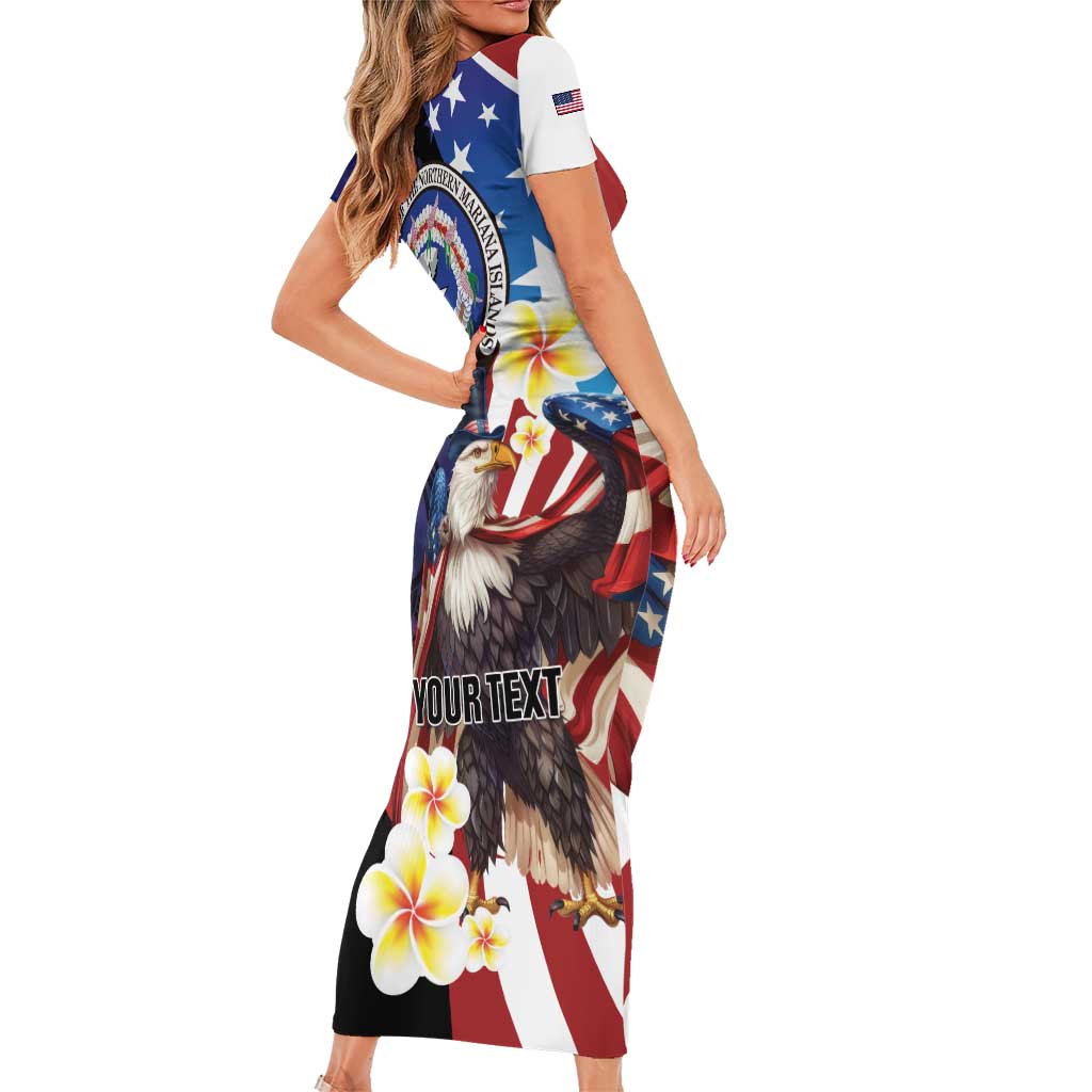 Personalized Northern Mariana Islands 4th of July Family Matching Short Sleeve Bodycon Dress and Hawaiian Shirt Plumeria USA Eagle