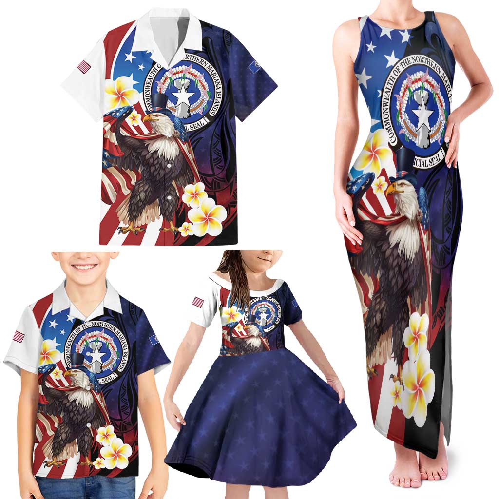Personalized Northern Mariana Islands 4th of July Family Matching Tank Maxi Dress and Hawaiian Shirt Plumeria USA Eagle