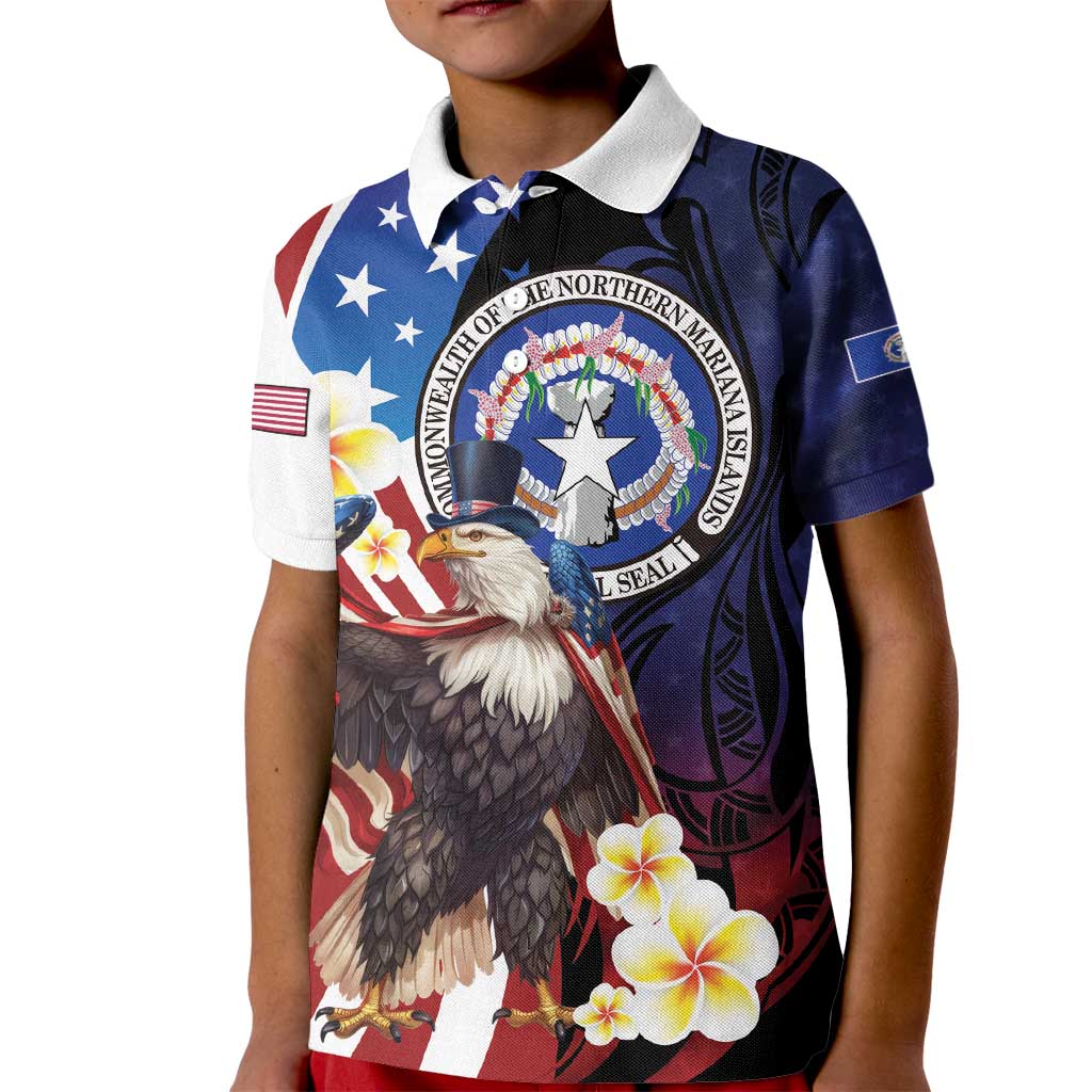 Personalized Northern Mariana Islands 4th of July Kid Polo Shirt Plumeria USA Eagle