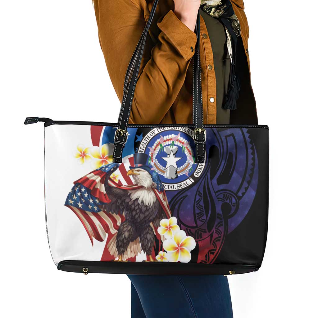 Northern Mariana Islands 4th of July Leather Tote Bag Plumeria USA Eagle