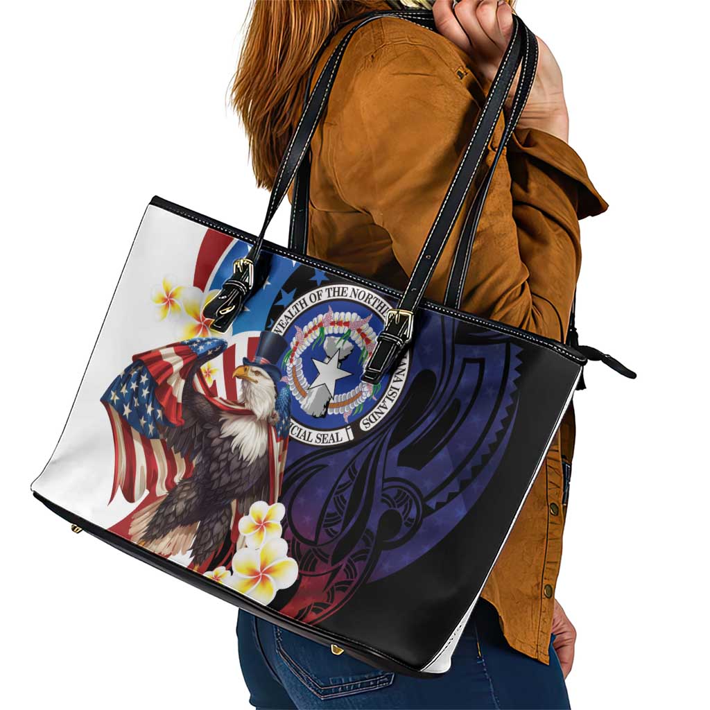 Northern Mariana Islands 4th of July Leather Tote Bag Plumeria USA Eagle