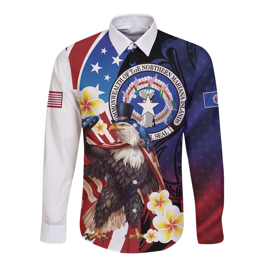 Personalized Northern Mariana Islands 4th of July Long Sleeve Button Shirt Plumeria USA Eagle