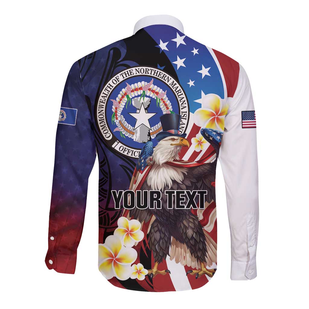 Personalized Northern Mariana Islands 4th of July Long Sleeve Button Shirt Plumeria USA Eagle