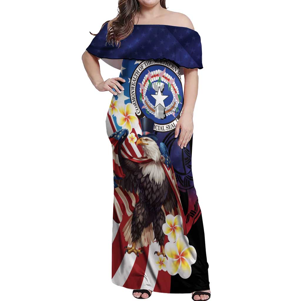 Personalized Northern Mariana Islands 4th of July Off Shoulder Maxi Dress Plumeria USA Eagle