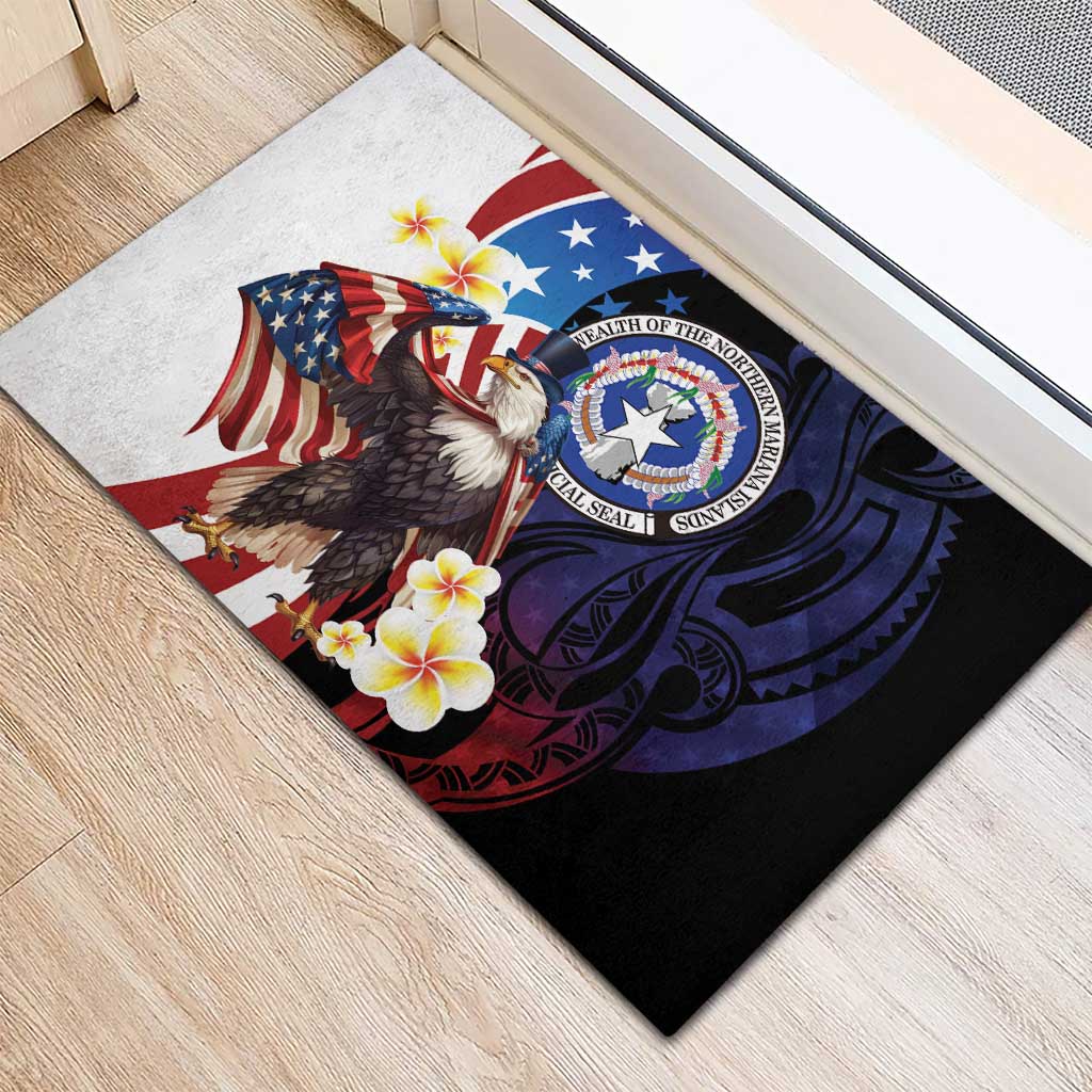 Northern Mariana Islands 4th of July Rubber Doormat Plumeria USA Eagle
