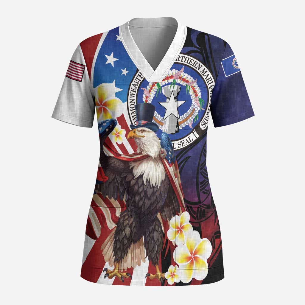 Personalized Northern Mariana Islands 4th of July Scrub Top Plumeria USA Eagle LT01 Adult Multicolor - Polynesian Pride