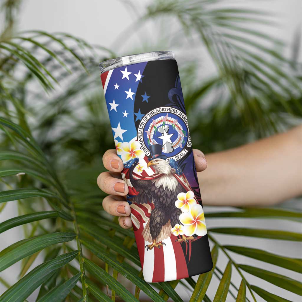 Personalized Northern Mariana Islands 4th of July Skinny Tumbler Plumeria USA Eagle