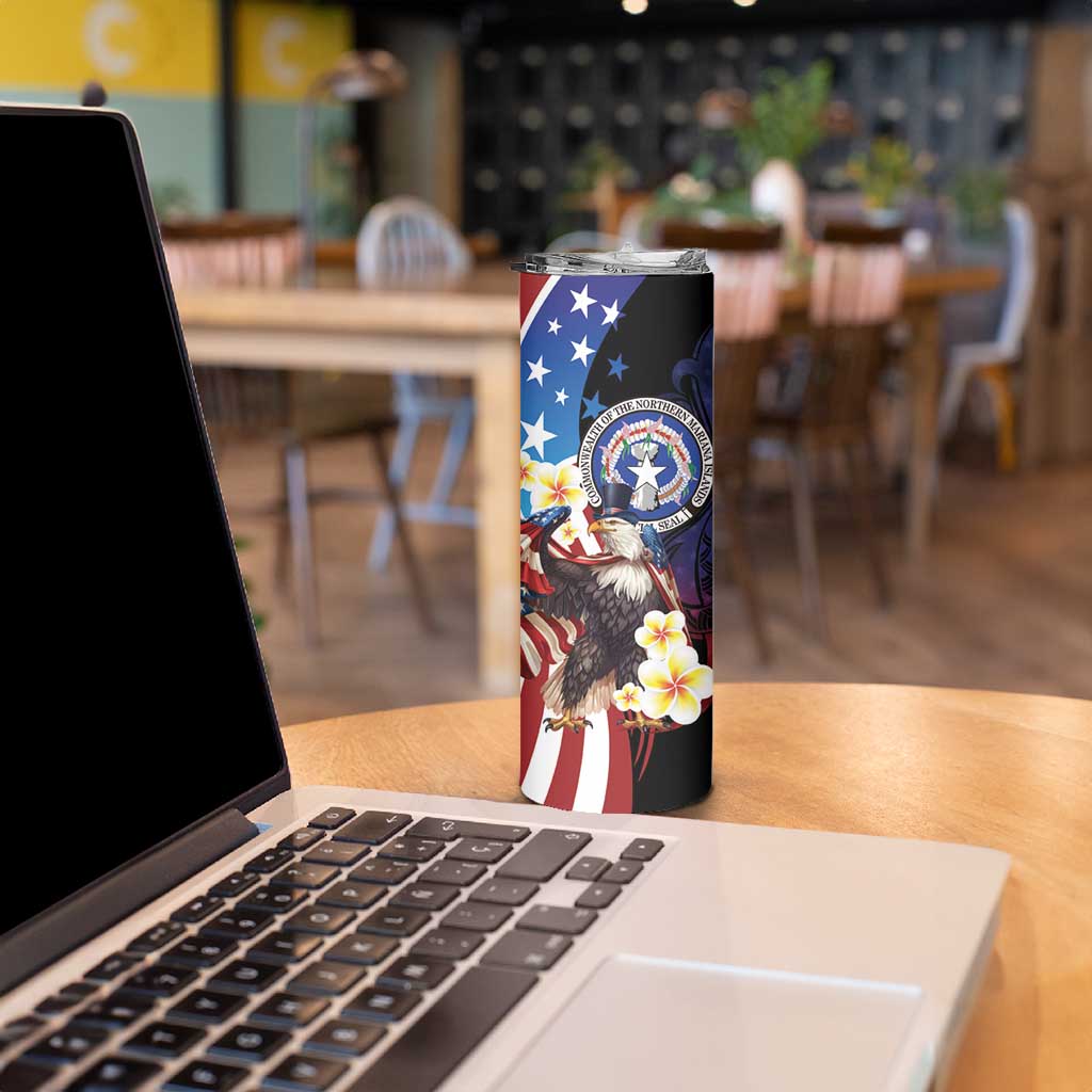 Personalized Northern Mariana Islands 4th of July Skinny Tumbler Plumeria USA Eagle