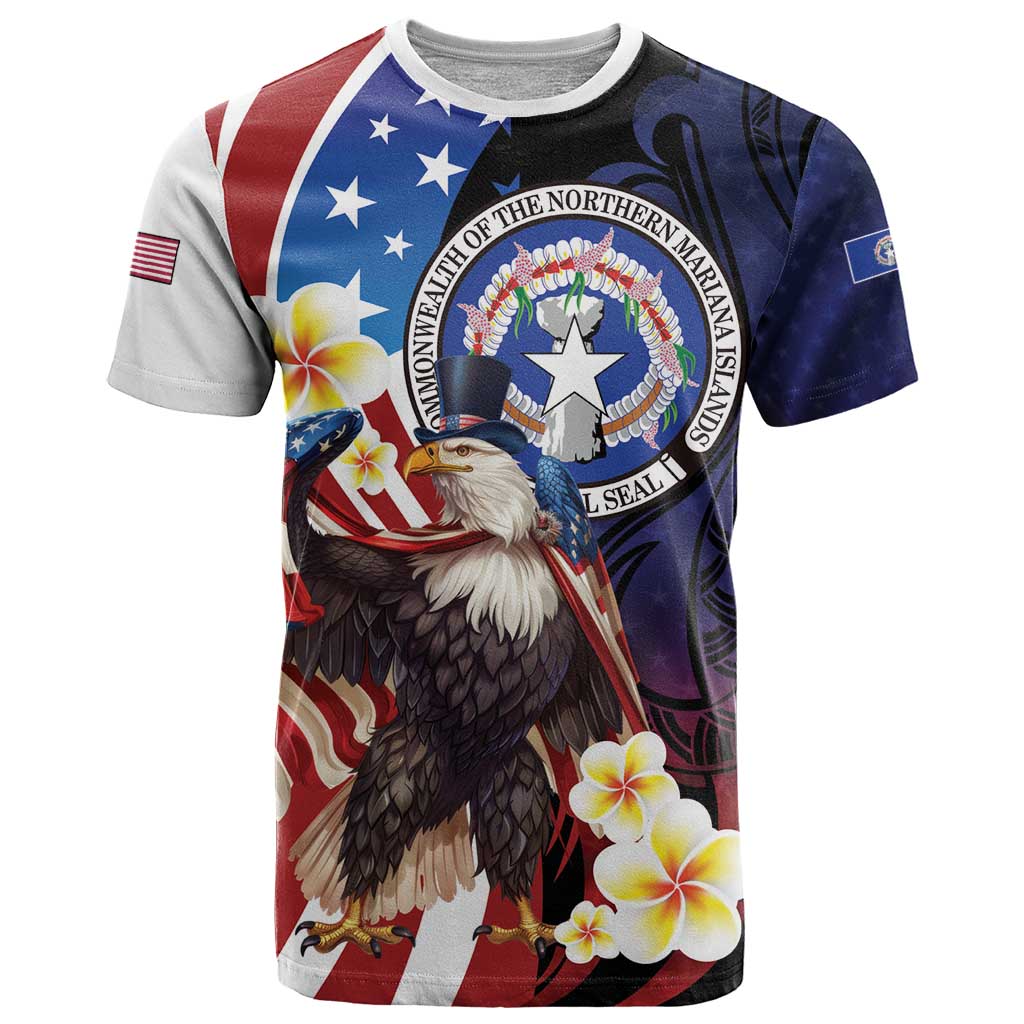 Personalized Northern Mariana Islands 4th of July T Shirt Plumeria USA Eagle