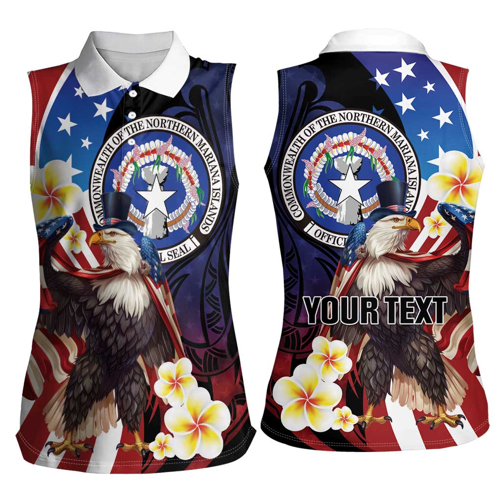 Personalized Northern Mariana Islands 4th of July Women Sleeveless Polo Shirt Plumeria USA Eagle