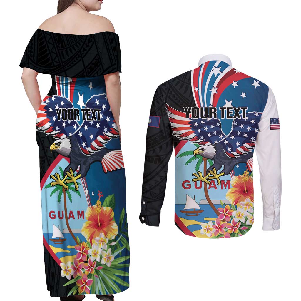 Personalized Guam Fourth of July Couples Matching Off Shoulder Maxi Dress and Long Sleeve Button Shirt Tropical Flowers