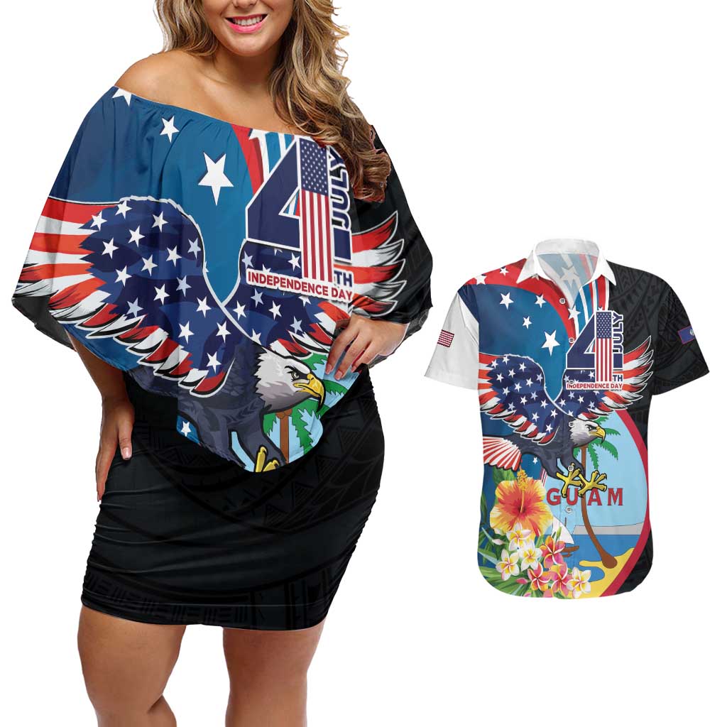 Personalized Guam Fourth of July Couples Matching Off Shoulder Short Dress and Hawaiian Shirt Tropical Flowers