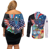 Personalized Guam Fourth of July Couples Matching Off Shoulder Short Dress and Long Sleeve Button Shirt Tropical Flowers