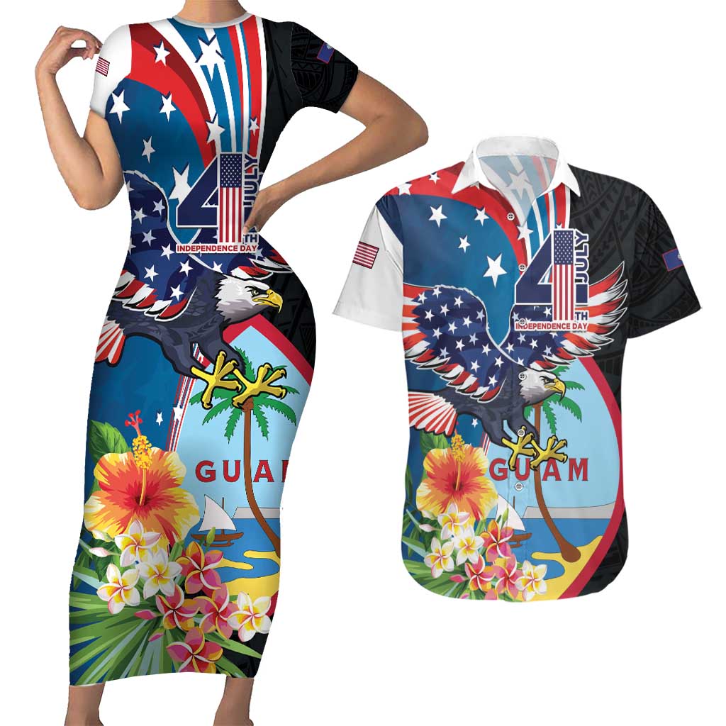 Personalized Guam Fourth of July Couples Matching Short Sleeve Bodycon Dress and Hawaiian Shirt Tropical Flowers
